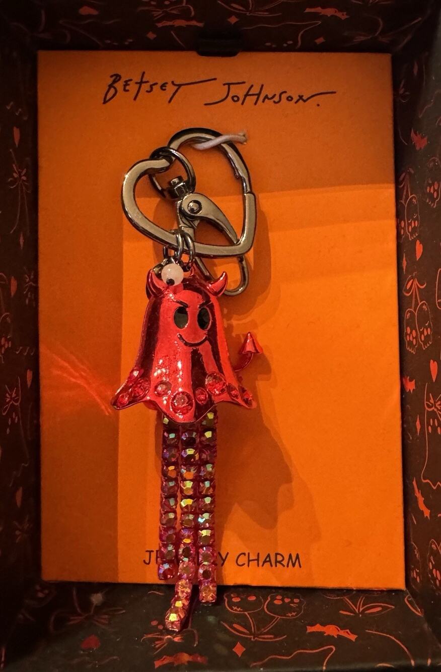 Betsey Johnson Halloween Red Devil Ghost Jeweled Bag Charm Key Chain NIB